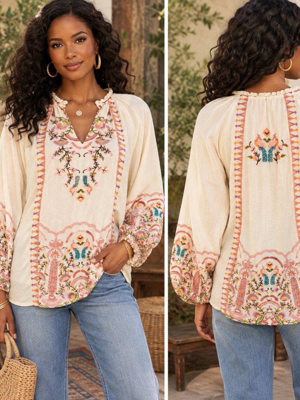 Sundance Ladies Embroidered Boho Top | Modal Silk Balloon Sleeve